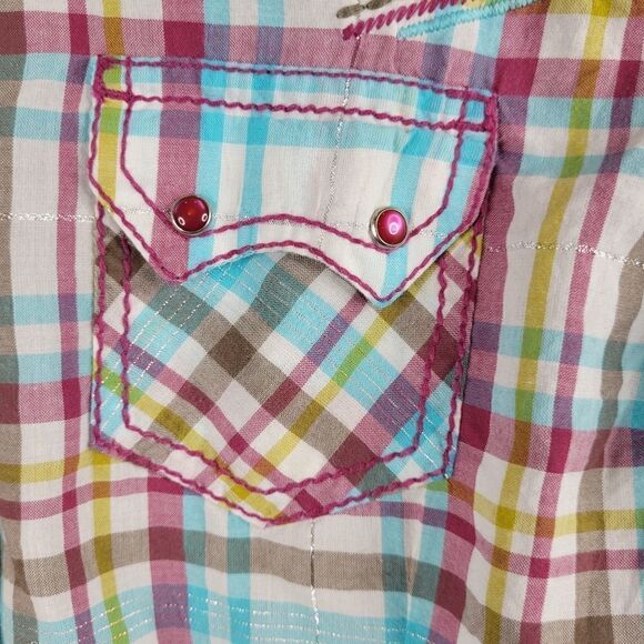 L ARIAT embroidered metallic snap plaid WESTERN RODEO PINK SILVER shirt LARGE - Picture 3 of 15